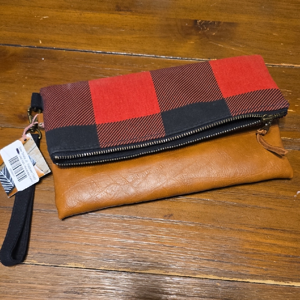 NWT!! Red and Black Plaid Clutch with Tan Leather